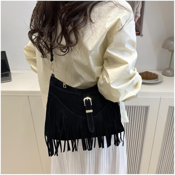Fringe Black Suede Shoulder Bag - Picture 1 of 2